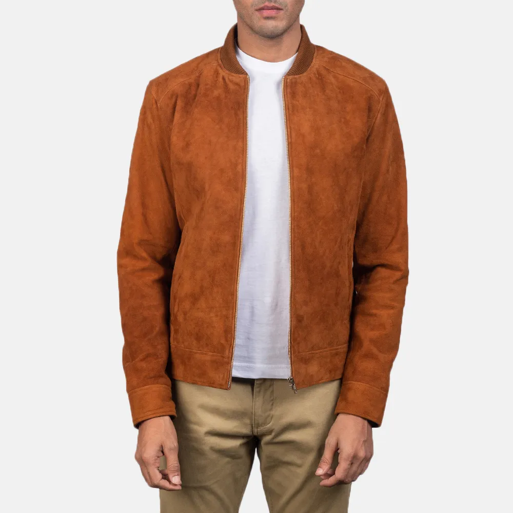 Mens Real Goatskin Leather Blain Brown Suede Bomber Jacket - JH0142